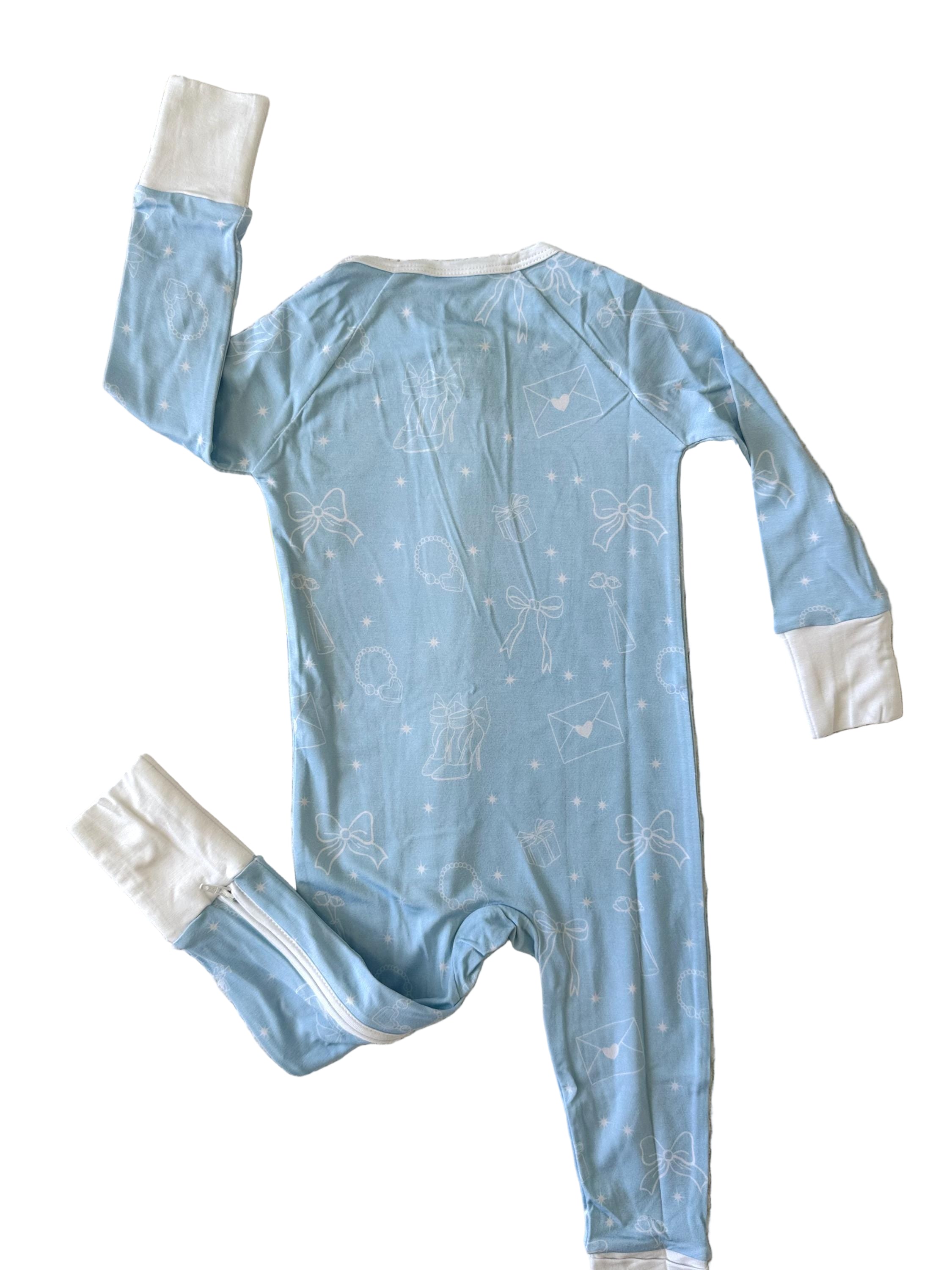 Light blue girl baby bamboo convertible pajama with white accents and mittens. Christmas style pajama