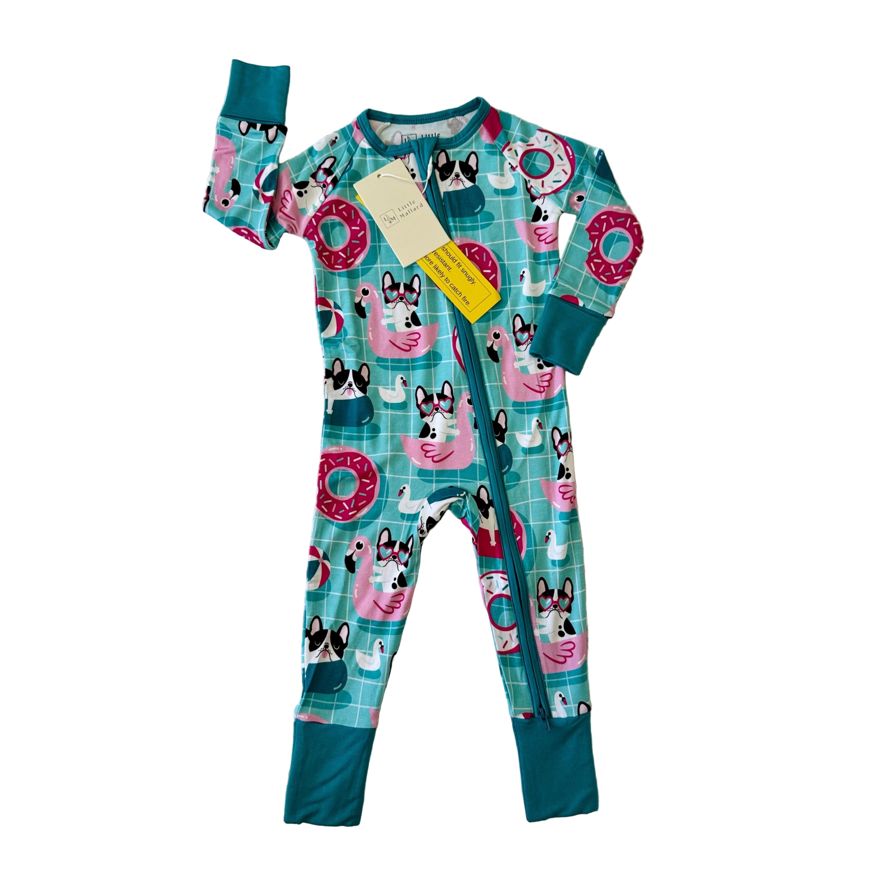 Children's convertible pajama with dog having a pool party on flamingo pool floats and donut pattern 