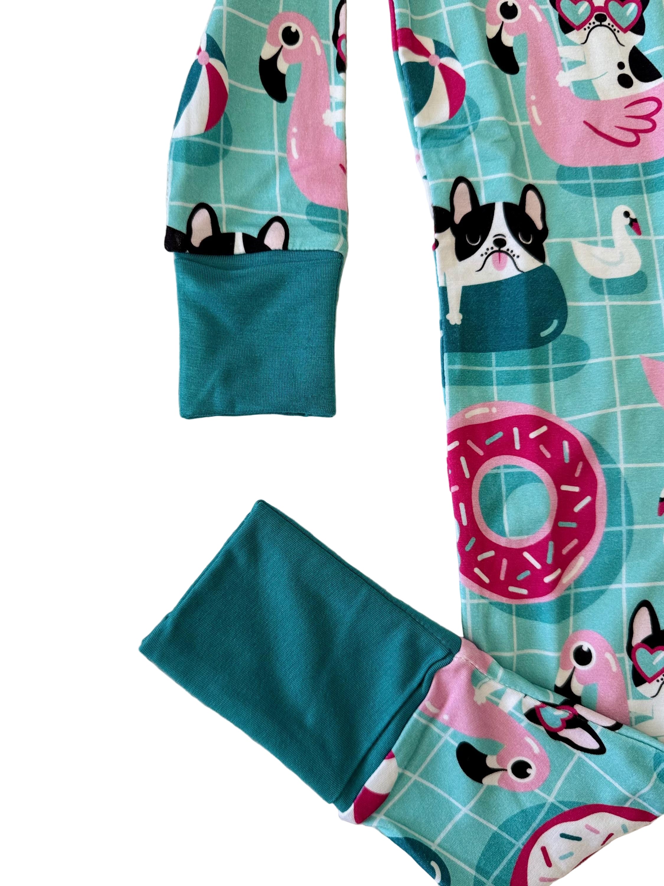 Soft bamboo baby pajamas with bull dogs, pugs, french bull dog with donut, flamingo pool floats. 