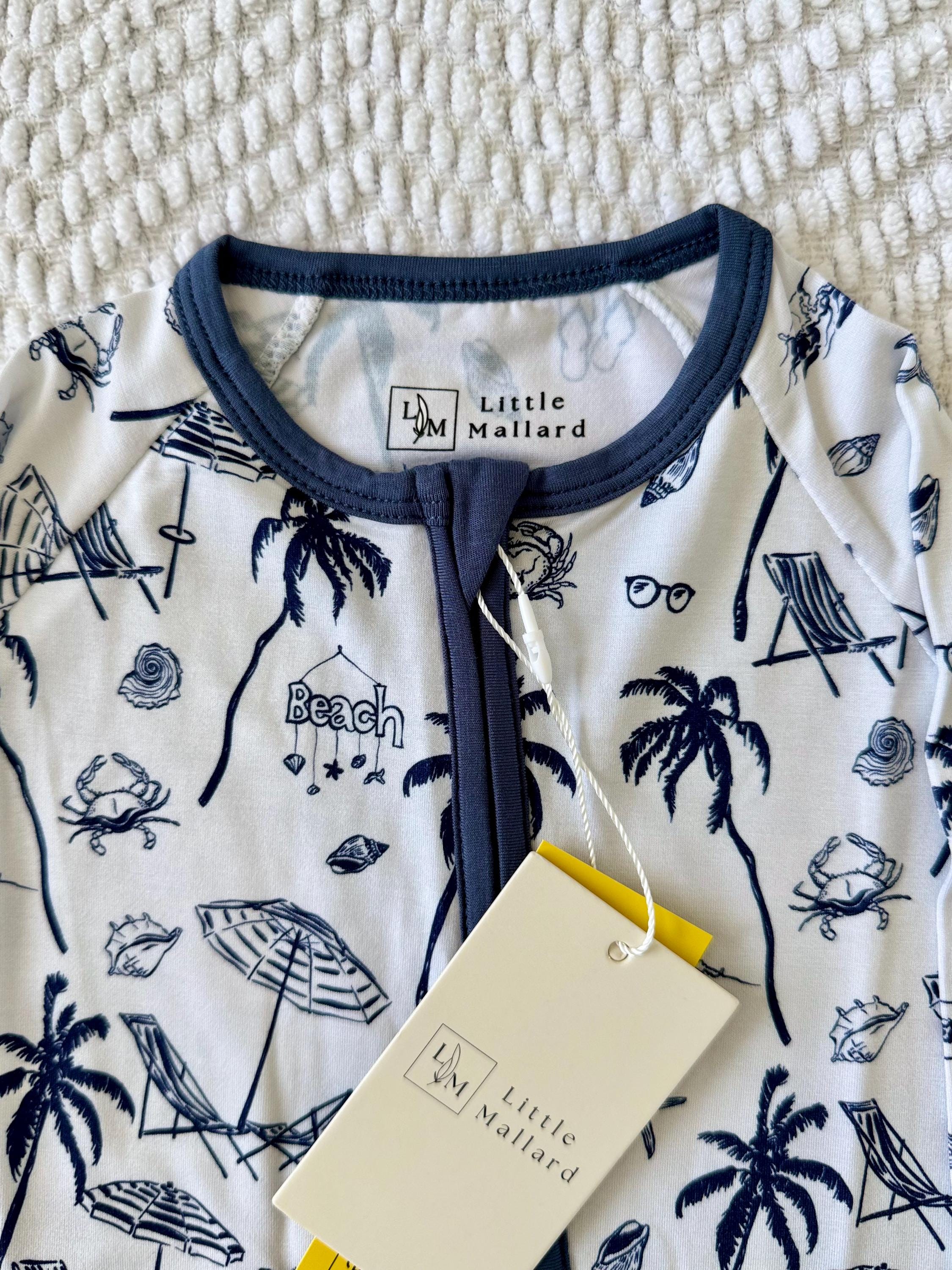 White convertible bamboo soft baby pajama with beach accents in blue designed by Little Mallard