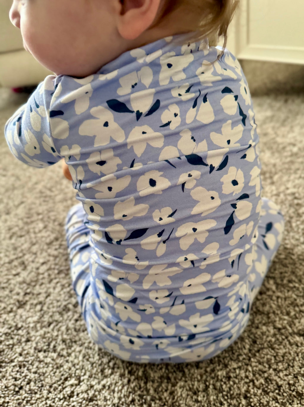 Blue pajama with white Spring floral print bamboo two piece toddler pajama. Pajama is available in family matching options for an infant. This pajama is perfect for spring, summer, Easter, birthday party gift, baby shower gift and more! 