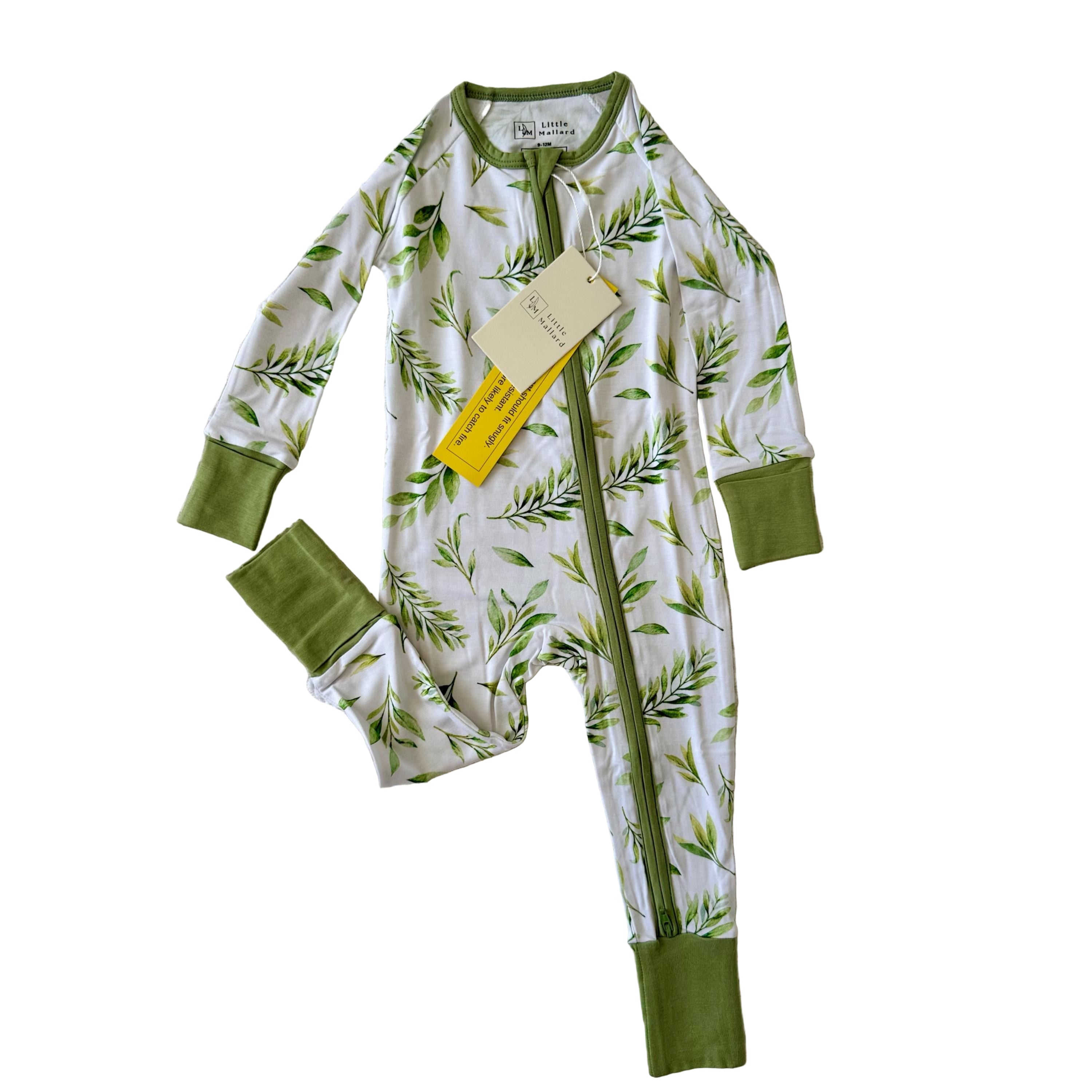 Baby onesie with watercolor green leaf pattern perfect for fall. 