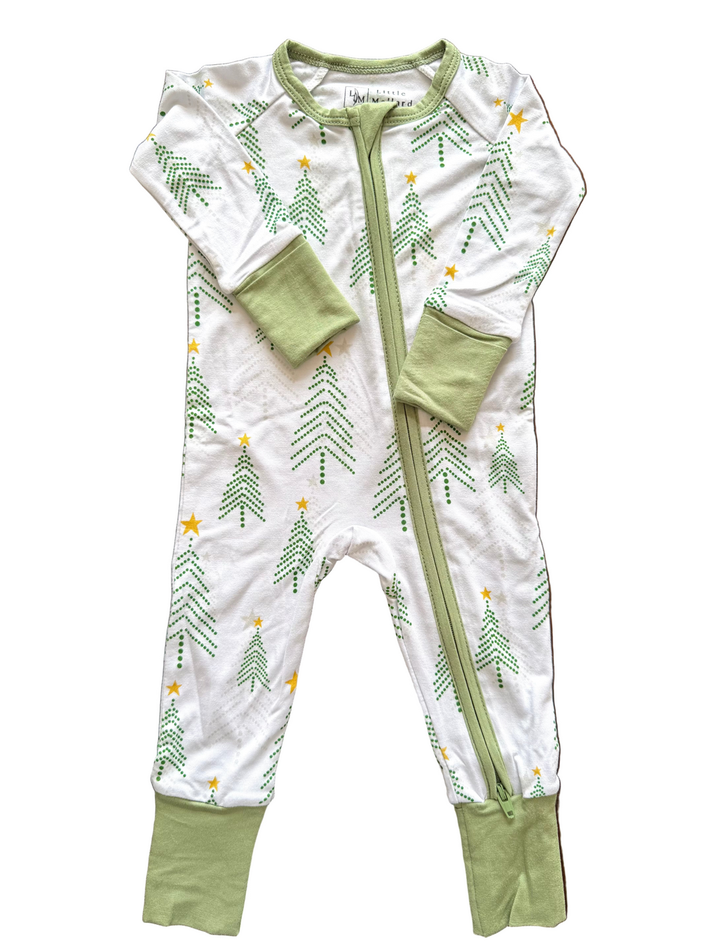 Christmas Bamboo Pajama white background with pine trees in light green and grey and stars. Bamboo pajamas are super soft, durable and adorable. The convertible footie pajamas have adjustable feet and mittens to grow with your little. 