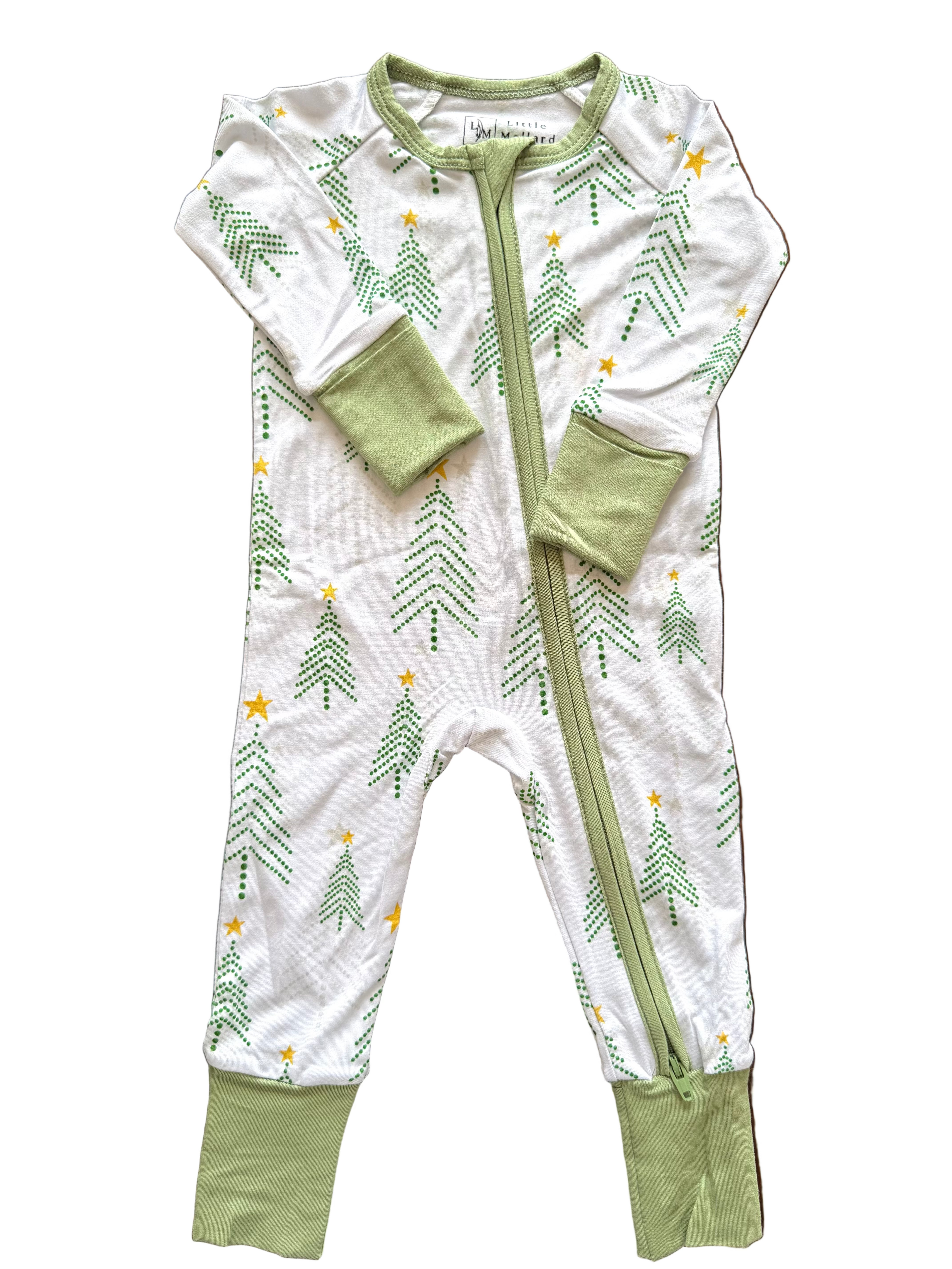 Christmas Bamboo Pajama white background with pine trees in light green and grey and stars. Bamboo pajamas are super soft, durable and adorable. The convertible footie pajamas have adjustable feet and mittens to grow with your little. 
