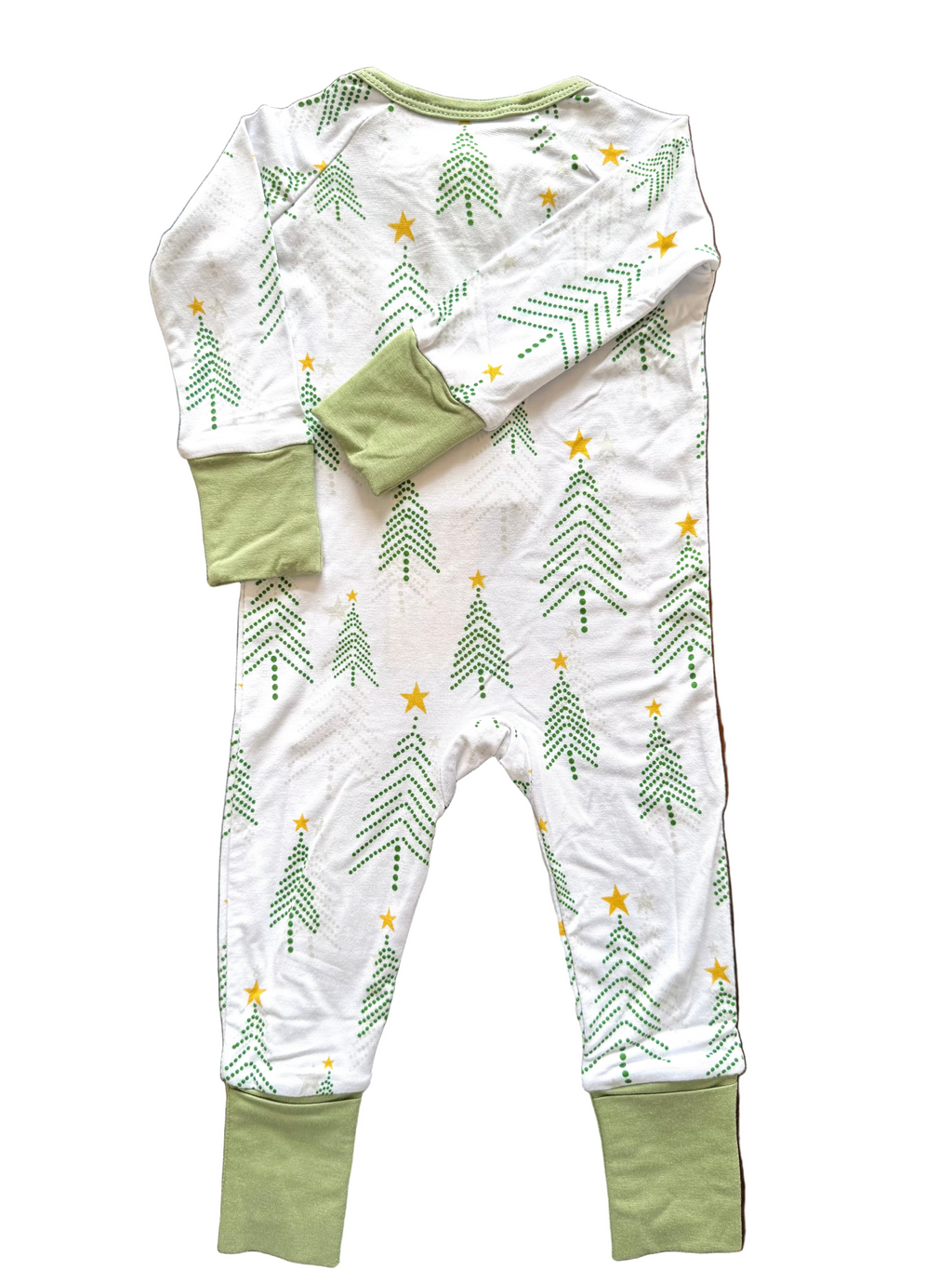 Christmas Bamboo Pajama white background with pine trees in light green and grey and stars. Bamboo pajamas are super soft, durable and adorable. The convertible footie pajamas have adjustable feet and mittens to grow with your little. 