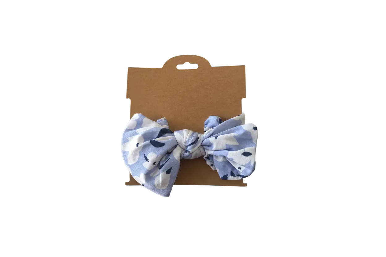 Blue floral bow head wrap for babies. One size fits most bamboo baby bow. 