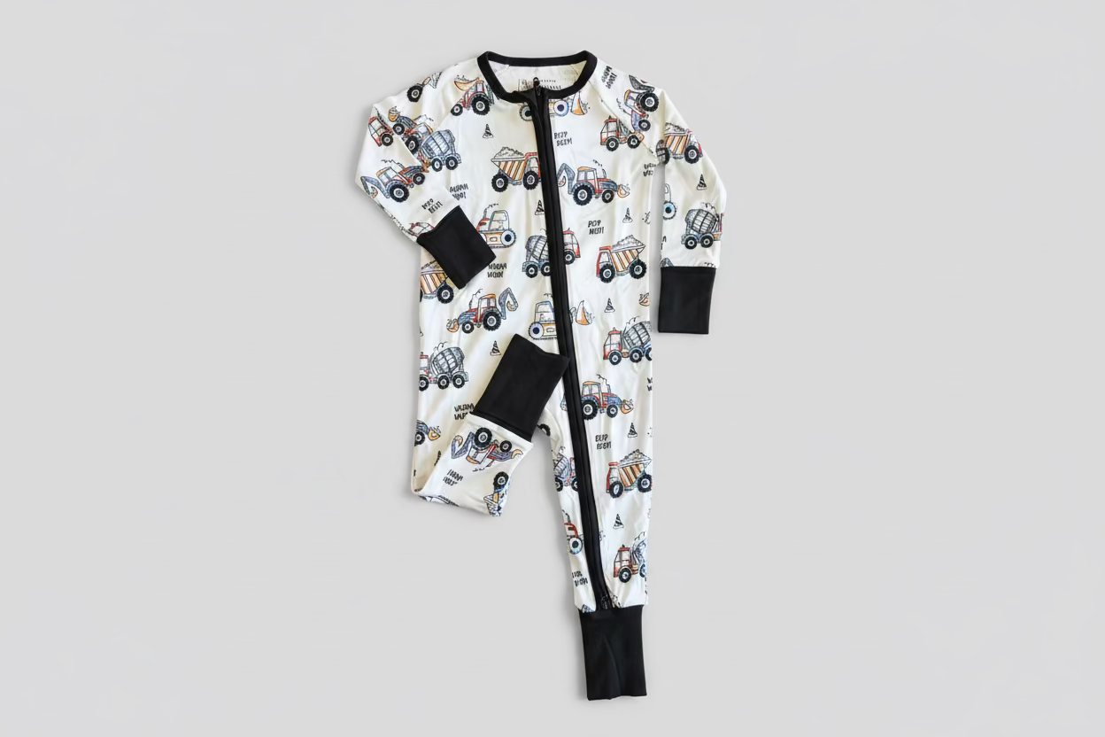 Grey convertible bamboo pajama with construction truck, dump trucks and excavators. 