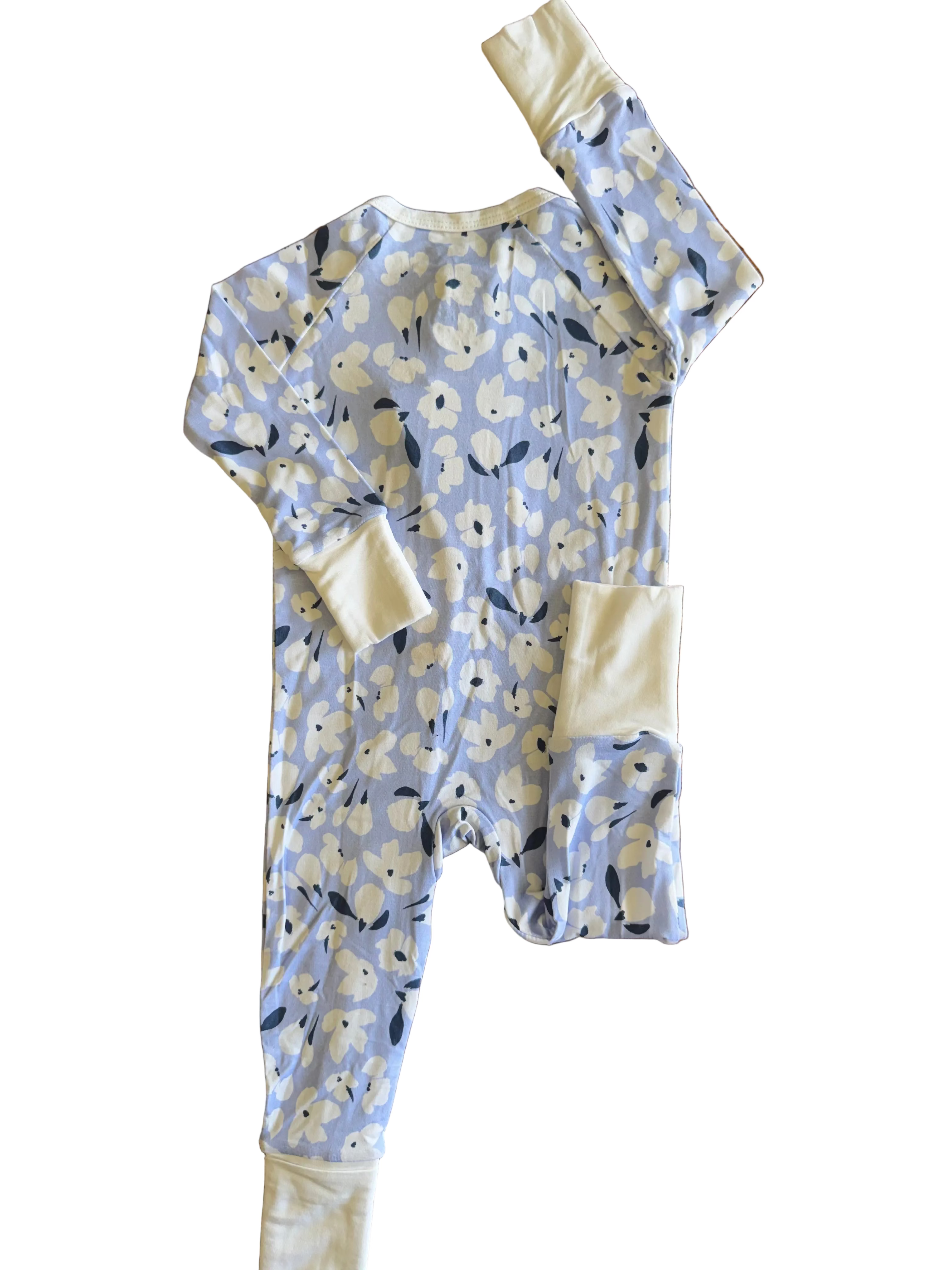 bamboo convertible footie pajama in periwinkle with white flowers and blue accents. 