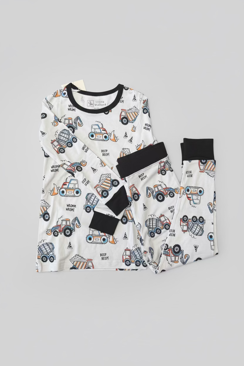 construction truck bamboo toddler pajamas. Perfect for little boys who love tructs and dump trucks. 