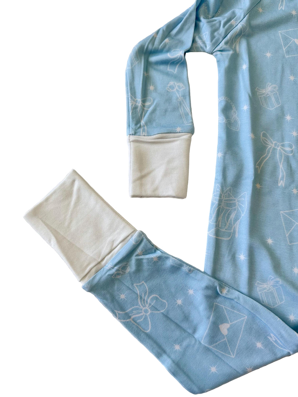 Light blue convertible baby pjs with white mitten and footie that can be adjusted. 