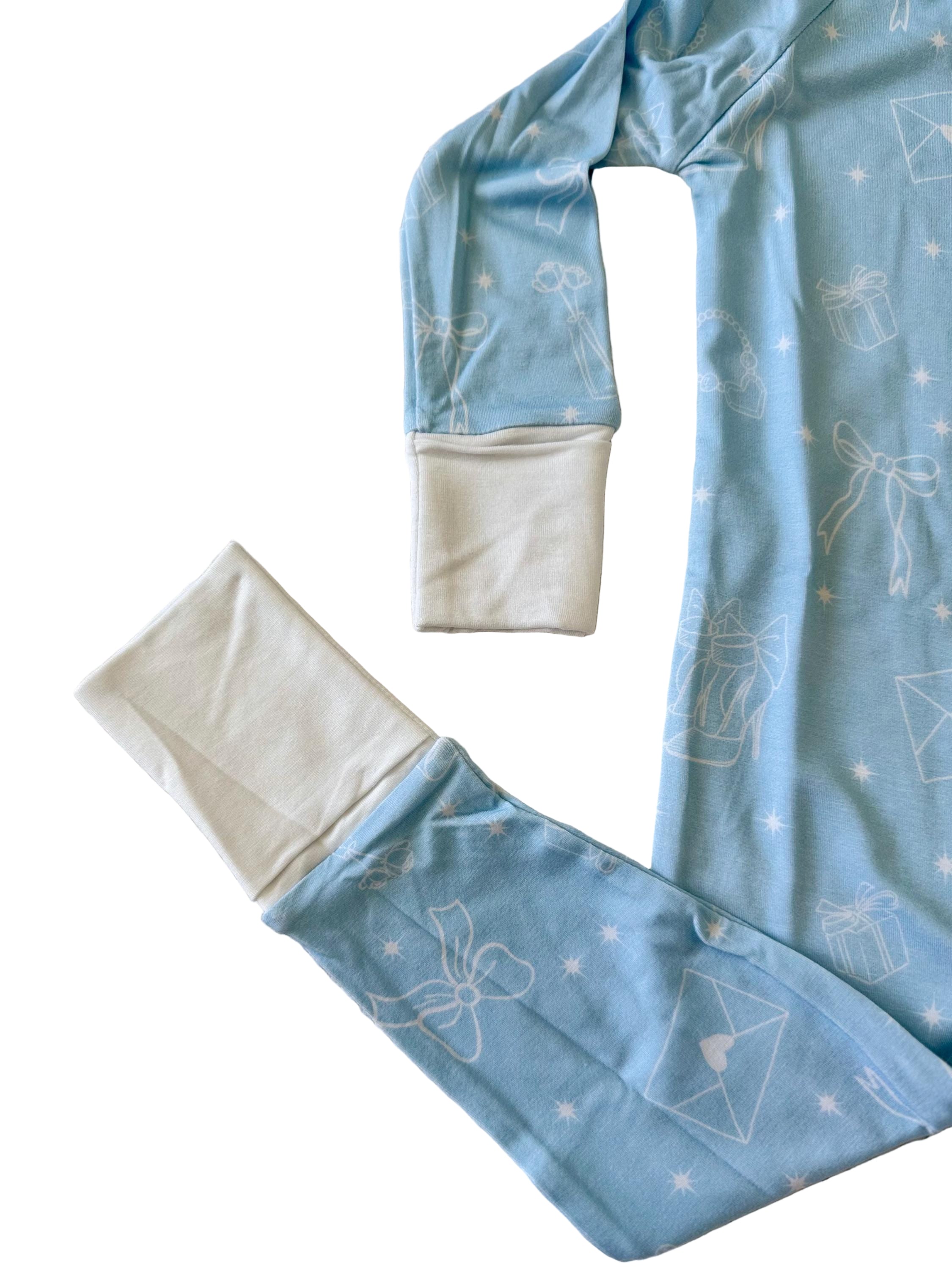 Light blue convertible baby pjs with white mitten and footie that can be adjusted. 